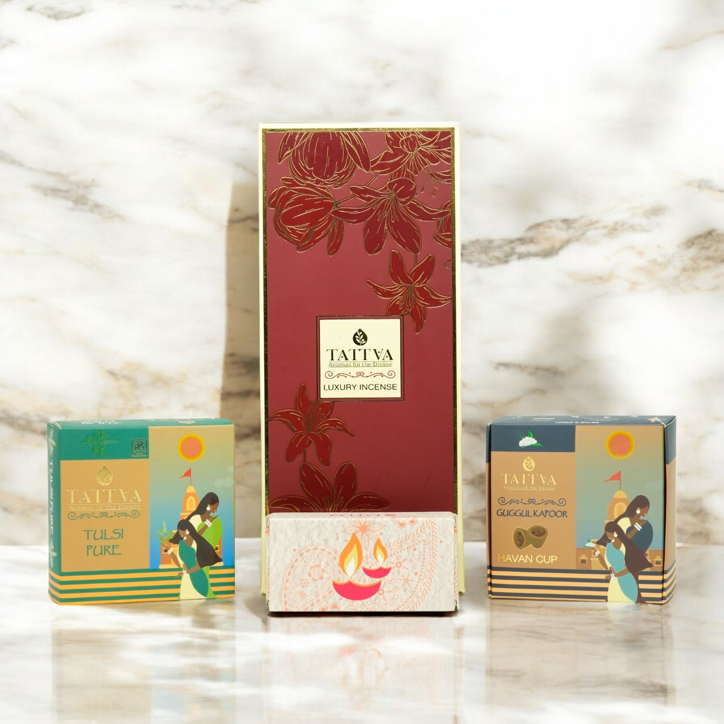 Festive Gift Boxes (Small)|JALSA- 1 Dhoop cones+1 small Havan cups+2 ceramic diyas
