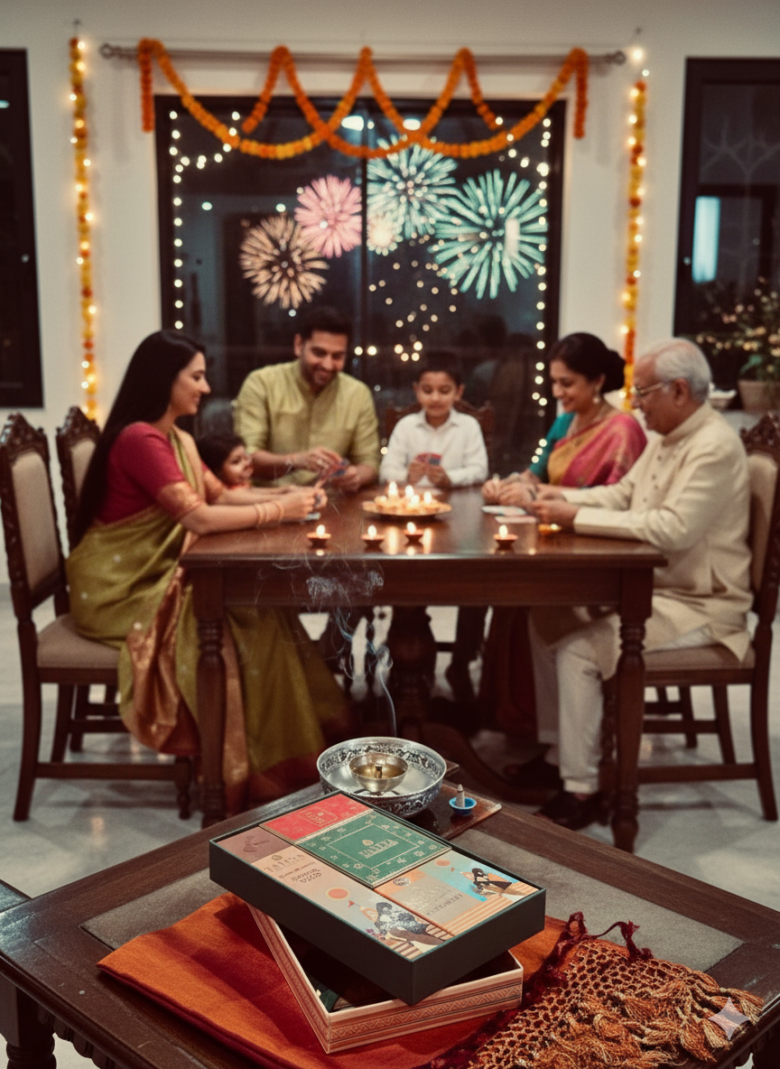 Family gathered around a dining table with decorative lights and fireworks in the background showcasing a festive Diwali incense giftbox for 1199