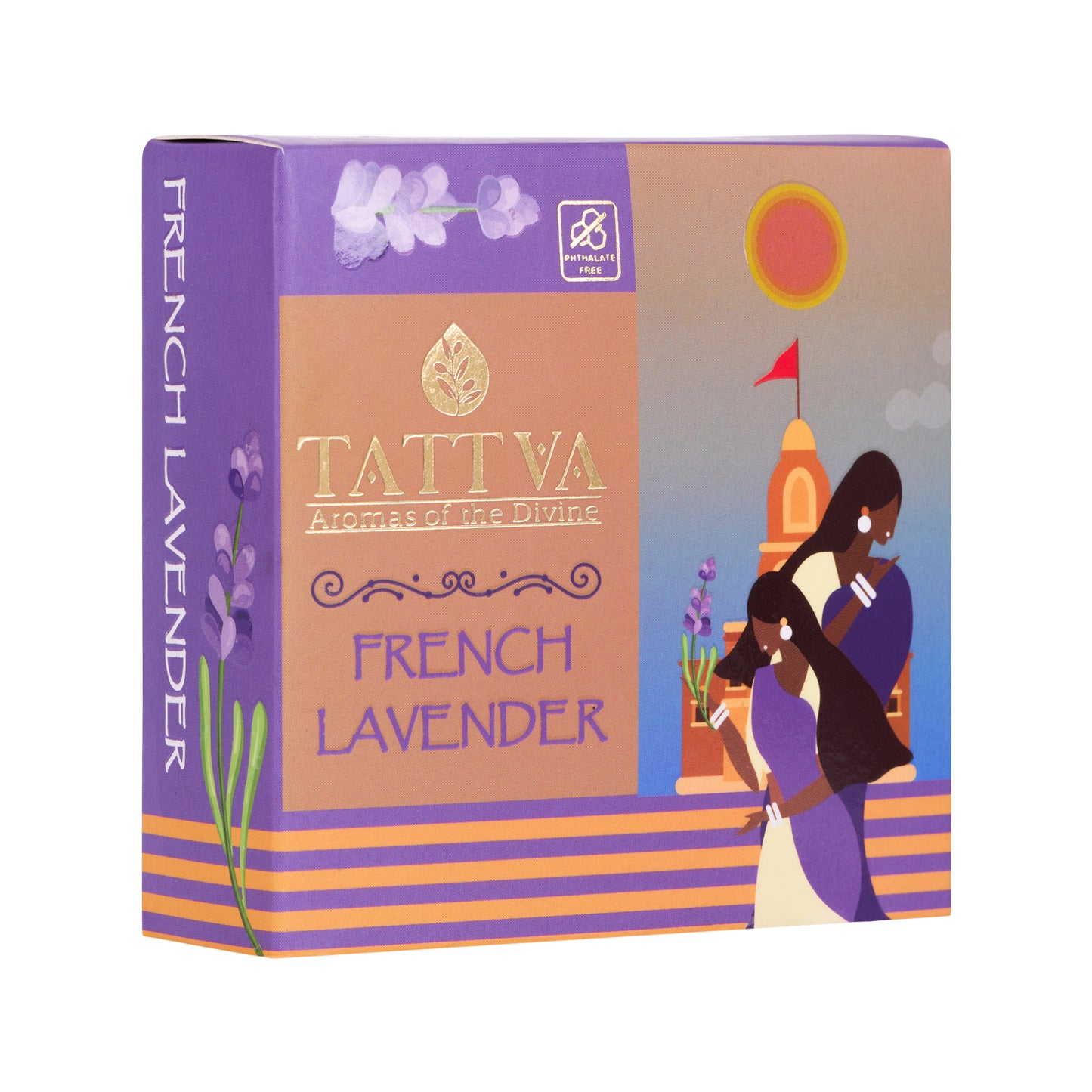 Tattva French Lavender product packaging with a woman and young lady illustration, boxed on a white background