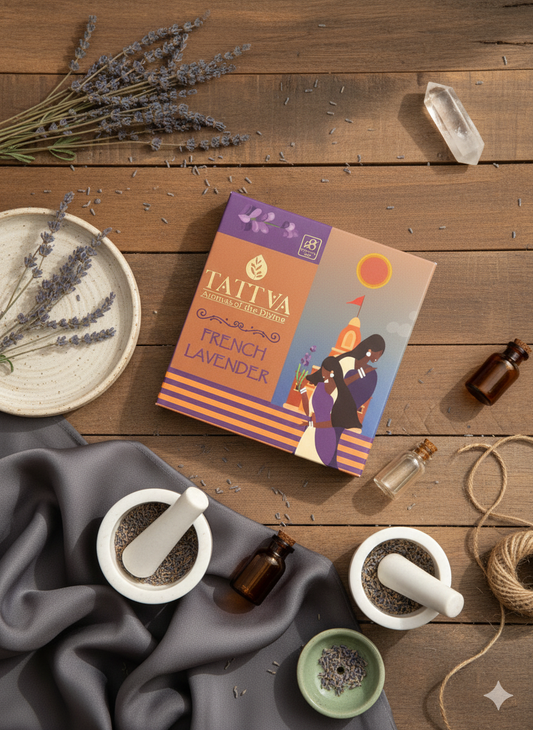 Tattva French Lavender product on a wooden surface with herbs and bottles.