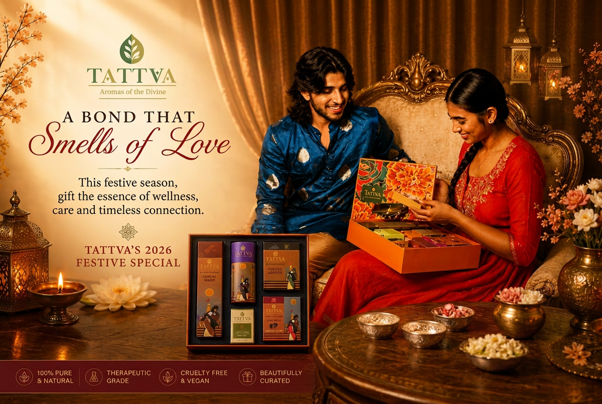 A festive incense and oils gift set advertisement featuring a couple in traditional Indian attire, with a woman opening her gift and a man in a blue kurta smiling beside her. The ad includes product packaging, decorative lamps, flowers, and warm golden drapery, with the Tattva brand name and incense details prominently displayed. in the box, 40 incense sticks, 40 dhoop cones, 40 hoop sticks, 4 havan cups, 15ml essential oil with a dropper in a bright orange marigold flowers with gold on the box cover