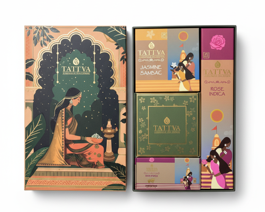 Tattva cosmetic product packaging with artistic designs on a white background