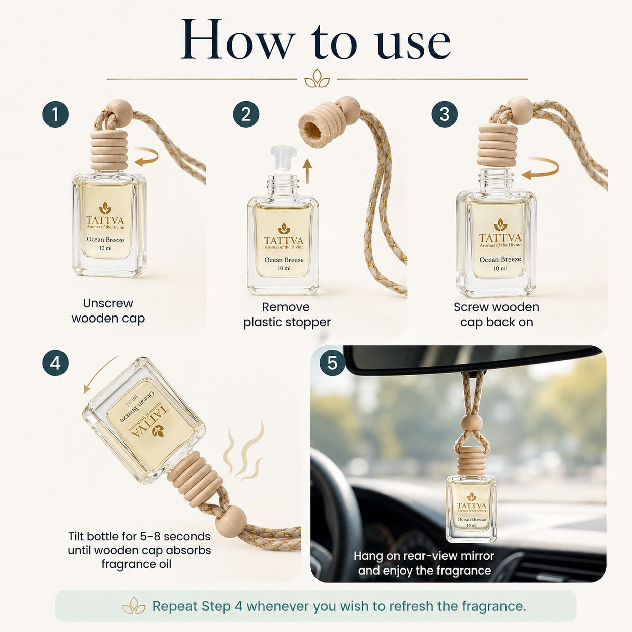Step-by-step guide on how to use a Tattva car air freshener with images and text.