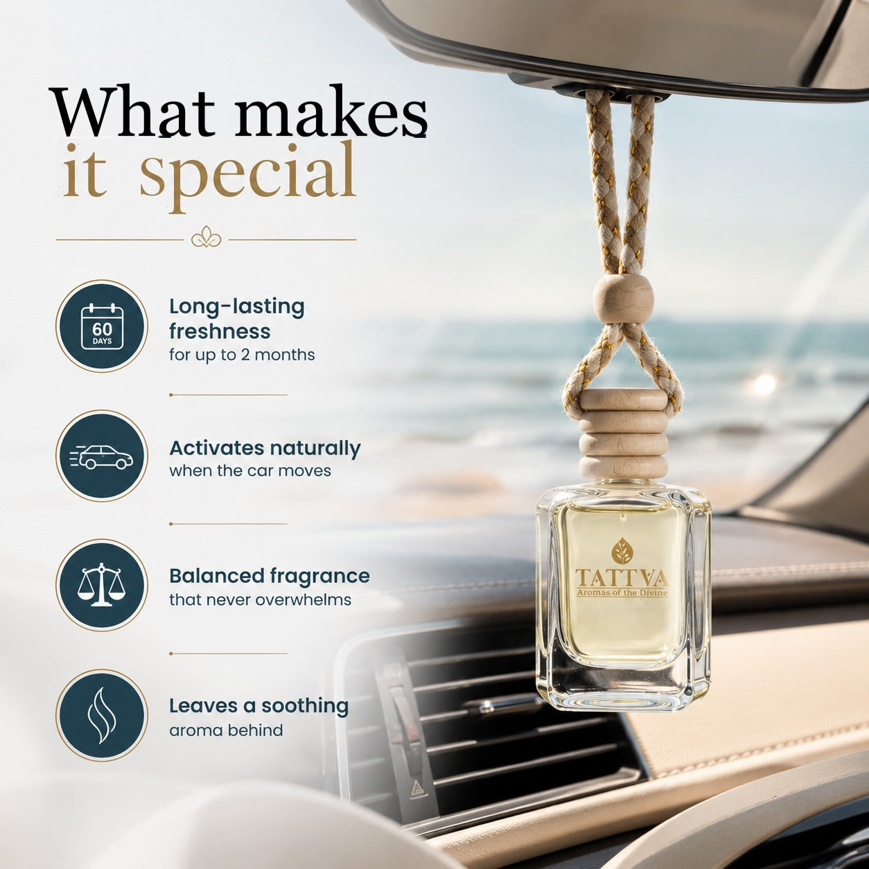 Car air freshener hanging from a car's rearview mirror with features listed.