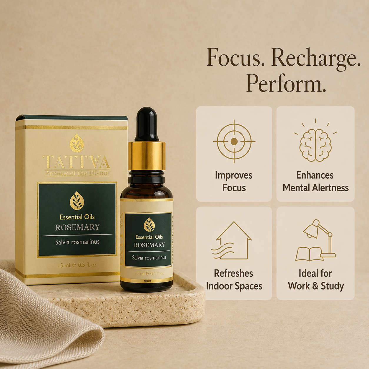 TATIVA Rosemary Essential Oils dropper bottle and its matching gold and green box, styled on a beige stone slab with a folded beige cloth. To the right, four light beige cards with gold icons list benefits: 'Improves Focus', 'Enhances Mental Alertness', 'Refreshes Indoor Spaces', and 'Ideal for Work & Study'.