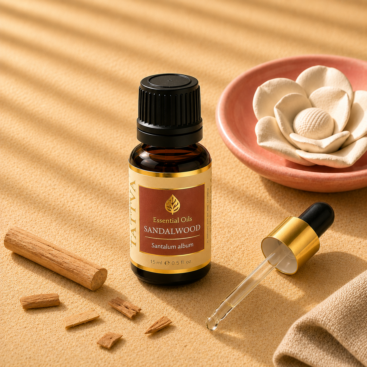 A bottle of Alva Sandalwood essential oil with its dropper bottle and cap placed beside it on a textured beige surface, styled with a sandalwood stick, wood shavings, and a ceramic flower dish in warm, sunlit tones.