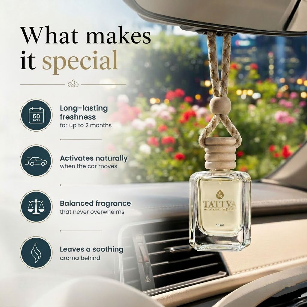 Car air freshener hanging from a car's rearview mirror with a scenic garden background