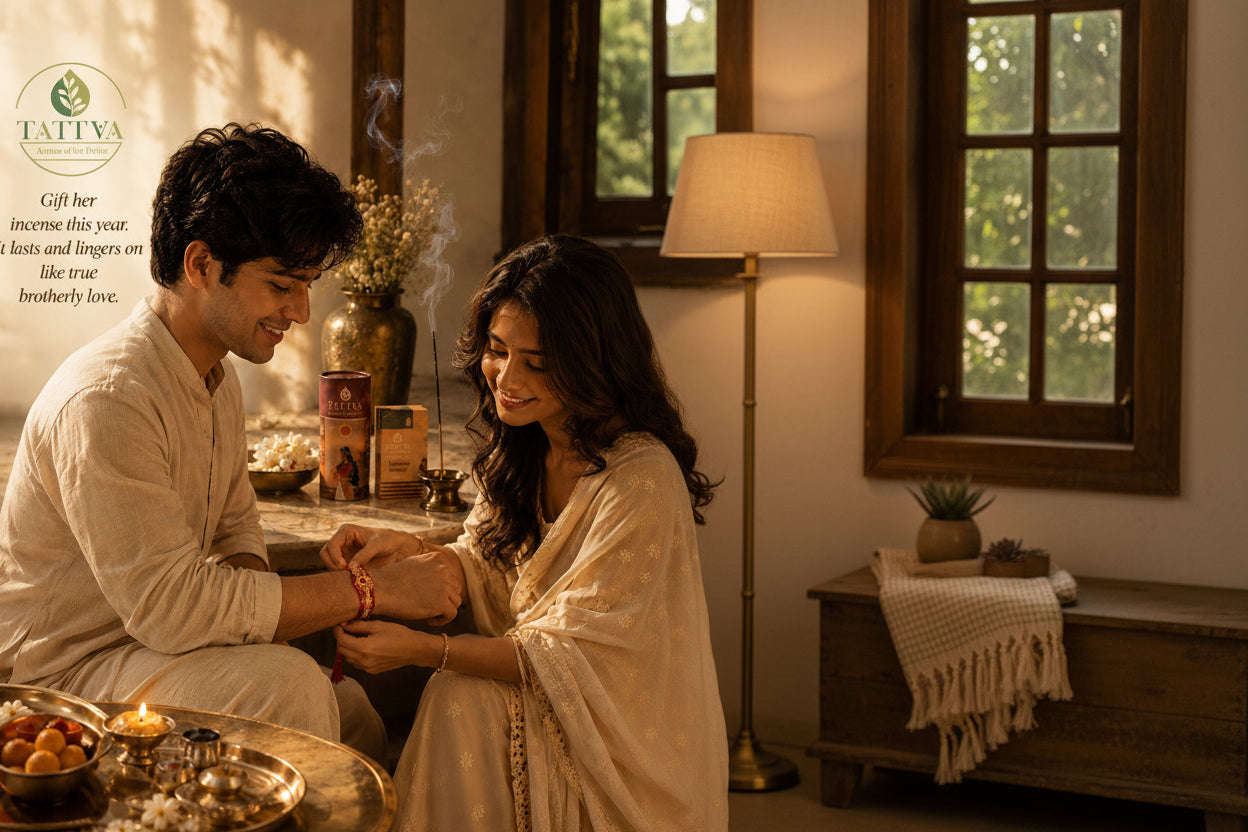 A man and woman in traditional light-colored clothing sit closely together in a warmly lit indoor setting, with the man placing a red bracelet on the woman's wrist. A Tattva brand box and incense are visible on the table behind them, along with decorative items and a Tattva logo and tagline in the upper left.